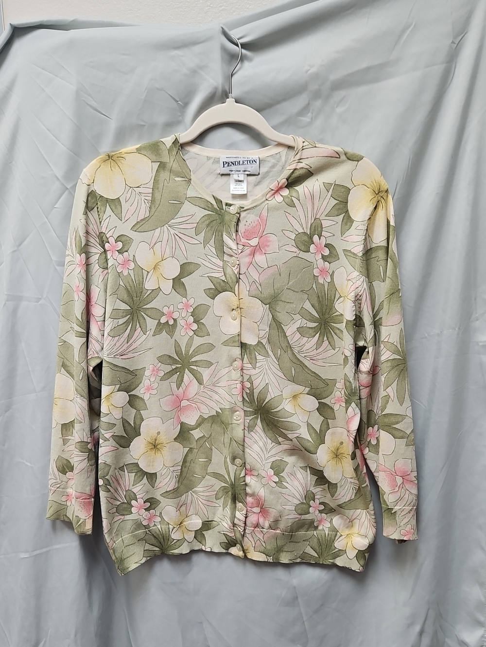 Pendleton Silk Blend Green Floral Button-Up Cardigan with Pink & Yellow Accents